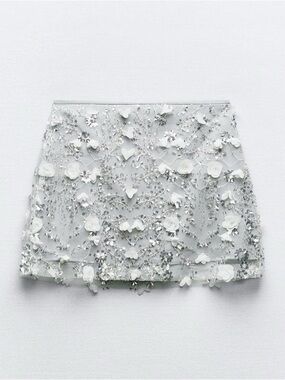 Silver Beaded Floral Appliqué Mini Skirt